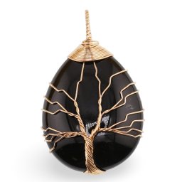 Pandantiv Obsidian lacrima cu sarma aurie model pom, 50mm