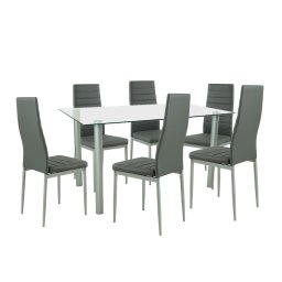 Set masa dining Leziter Verna 6+1, gri, blat din sticla securizata 140x80