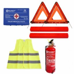 Kit de siguranță auto complet – Trusă medicală, Stingător 1 kg, 2 Triunghiuri reflectorizante și Vestă reflectorizantă