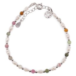 Bratara Perle de cultura albe lunguiete, Turmalina multicolora si charm moneda din argint 925