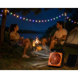 Ventilator portabil solar cu panou solar 19 18 cm, lampa LED, ghirlanda LED 10 m multicolora, acumulator reincarcabil, USB Type-C, Power Bank, 3 viteze, timer 2 4h - PV-WJ016