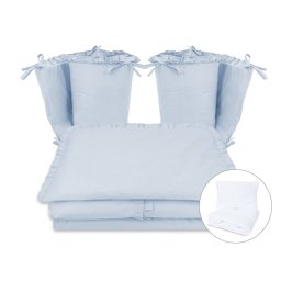 Lenjerie patut cu 6 piese, miminu, pentru patut 120x60 cm, cu volanase, cu pilota si perna, cu doua aparatori laterale, din bumbac certificat oeko tex standard 100, colectia royal, blue