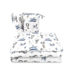Lenjerie patut cu 3 piese, miminu, pentru patut 120x60 cm, cu protectie laterala, din bumbac certificat oeko tex standard 100, blue plane