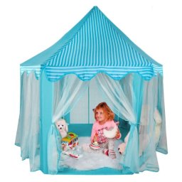 Cort de joaca pentru copii hexagonal, pliabil, 6 intrari, 135x140 cm, alb-albastru