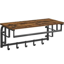 Cuier de perete VASAGLE cu raft, bara si 5 carlige, maro rustic