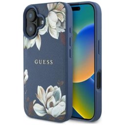 Husa Guess Grained Printed Flower Pattern MagSafe iPhone 16 Albastru