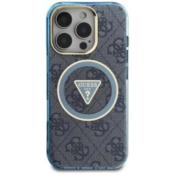 Husa Guess IML Metal Glitter 4G Circle Triangle MagSafe iPhone 16 Pro Max Albastru
