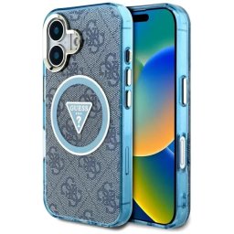 Husa Guess IML Metal Glitter 4G Circle Triangle MagSafe iPhone 16 Albastru