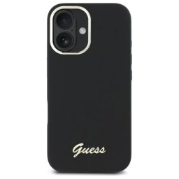 Husa Guess Silicone Script Metal Logo Frame iPhone 16 Negru