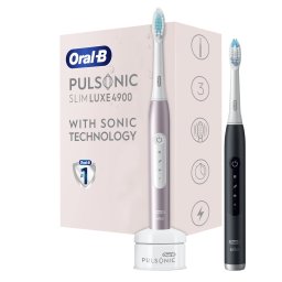 Set 2x Oral-B Pulsonic Slim Luxe 4900 DuoPack, tehnologie de sunet moale, miscare cu vibratii de 31 la suta, 3 moduri de periere, cronometru, aur roz si negru mat
