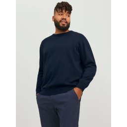 Jack & Jones Plus Pulover tricotat barbati big sizes, din bumbac organic, cu decolteu la baza gatului, Regular Fit, JJEBASIC, Bleumarin inchis (SELECTATI MARIMEA: 5XL)