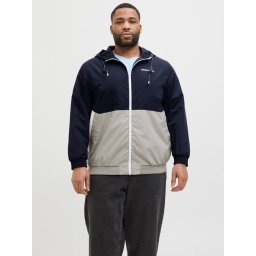 Jack & Jones Plus Jacheta bomber cu gluga, barbati big sizes, JJERUSH, Bleumarin inchis/Gri (SELECTATI MARIMEA: 3XL)