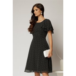 Rochie midi din voal neagra cu buline si volanase la maneci