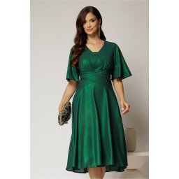 Rochie midi verde de ocazie din voal cu sidef si decolteu in V