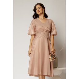 Rochie midi roz de ocazie din voal cu sidef si decolteu in V