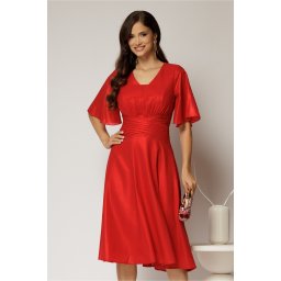 Rochie midi rosie de ocazie din voal cu sidef si decolteu in V