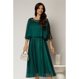 Rochie midi verde de ocazie din voal cu aplicatii la decolteu
