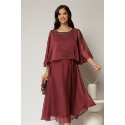 Rochie midi caramizie de ocazie din voal cu aplicatii la decolteu