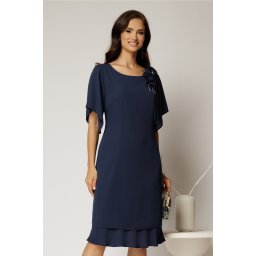 Rochie midi bleumarin de ocazie cu accesoriu floral detasabil si decolteu rotund