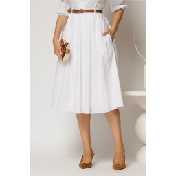 Fusta DY Fashion alba din poplin cu pliuri si curea in talie
