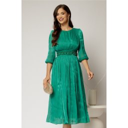 Rochie midi verde de ocazie din voal peliculizat cu cordon detasabil