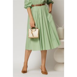 Fusta DY Fashion verde fistic din poplin cu pliuri si curea in talie