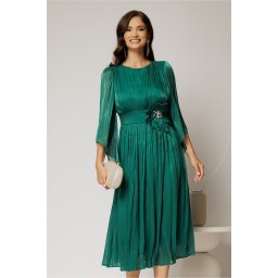 Rochie midi verde de ocazie din voal peliculizat cu perle pe talie
