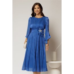 Rochie midi albastra de ocazie din voal peliculizat cu perle pe talie