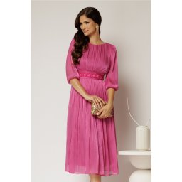 Rochie midi fucsia de ocazie din voal peliculizat cu cordon detasabil
