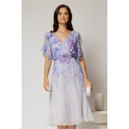 Rochie midi eleganta cu imprimeuri lila cu fusta clos plisata