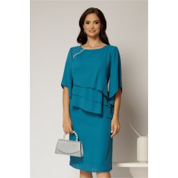 Rochie midi turcoaz de ocazie cu croi drept si perle la decolteu