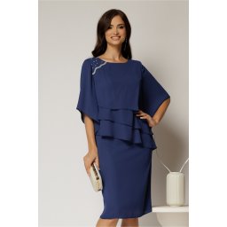 Rochie midi bleumarin de ocazie cu croi drept si perle la decolteu