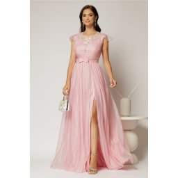 Rochie DY Fashion lunga roz de seara din voal creponat si funda in talie