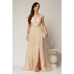 Rochie DY Fashion lunga bej de seara din voal creponat si funda in talie
