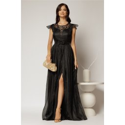 Rochie DY Fashion lunga neagra de seara din voal creponat si funda in talie