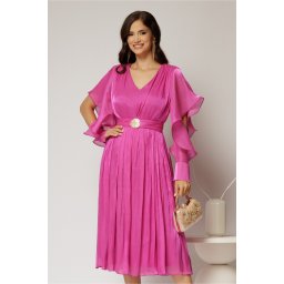 Rochie midi fucsia de ocazie din voal peliculizat cu cordon detasabil