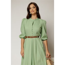 Camasa DY Fashion verde fistic din poplin cu maneci bufante si inchidere cu nasturi
