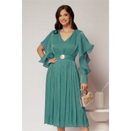 Rochie midi turcoaz de ocazie din voal peliculizat cu cordon detasabil