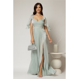 Rochie DY Fashion verde mint lunga de seara cu aplicatii de perle pe talie