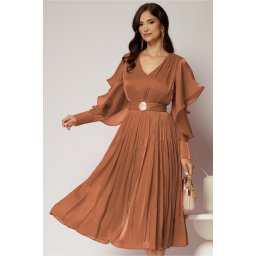 Rochie midi roz coniac de ocazie din voal peliculizat cu cordon detasabil