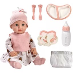 Păpușă de jucărie în rochie cu fundiță, cu accesorii