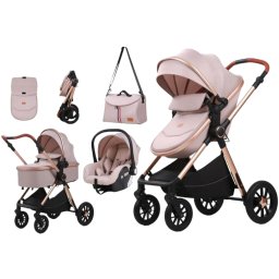 Carucior 3 in 1 reversibil, cu suspensii, cu scoica, parte sport transformabila in landou, T5 Crem