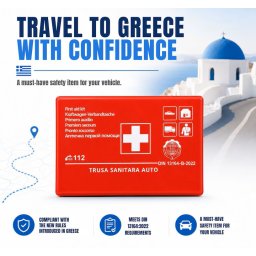 Trusa Medicala Auto pentru Vacanta in Grecia, Omologata RAR, Conform Standardului European DIN13164-B:2022, Cutie Rigida Rosie, Valabilitate de 5 Ani, Echipament Obligatoriu, Potrivita pentru Calatori