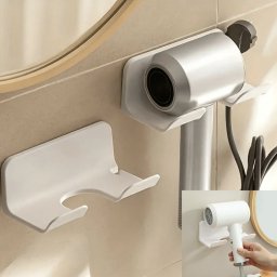 Suport pentru uscatorul de par, compartiment depozitare accesorii, montare adeziva pe perete, alb