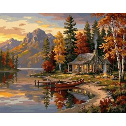 Set pictura pe numere, cu sasiu, Amurg de toamna langa lac, 40x50 cm