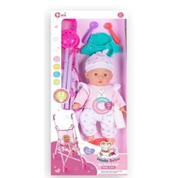 Păpușă de jucărie cu cărucior și accesorii - 35 cm, cu căciulă albă