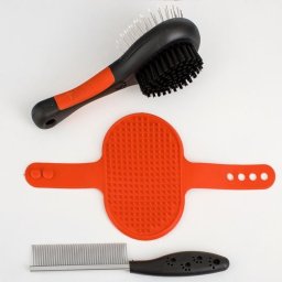 Set Ingrijire Caine cu Perie Dubla Pieptene & Manusa - 3buc