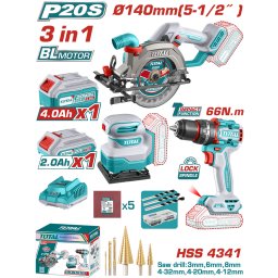 TOTAL - KIT COMBO 20V - FIERASTRAU CIRCULAR, MASINA DE GAURIT CU IMPACT, SLEFUITOR (INCLUDE 2 ACUMUL