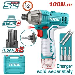 Masina de însurubat cu impact TOTAL 12V, 100Nm, 2x 1.5Ah Li-Ion, hex 1/4