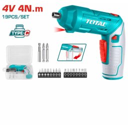 Surubelnita electrica TOTAL 4V, 4Nm, hex 1/4", set 19 piese, USB-C